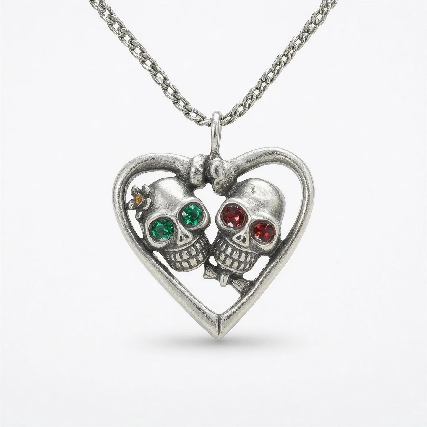 Handcrafted Lead-Free Pewter Day of the Dead Catrina Heart Pendant, 3.5mm Cuban Links Chain