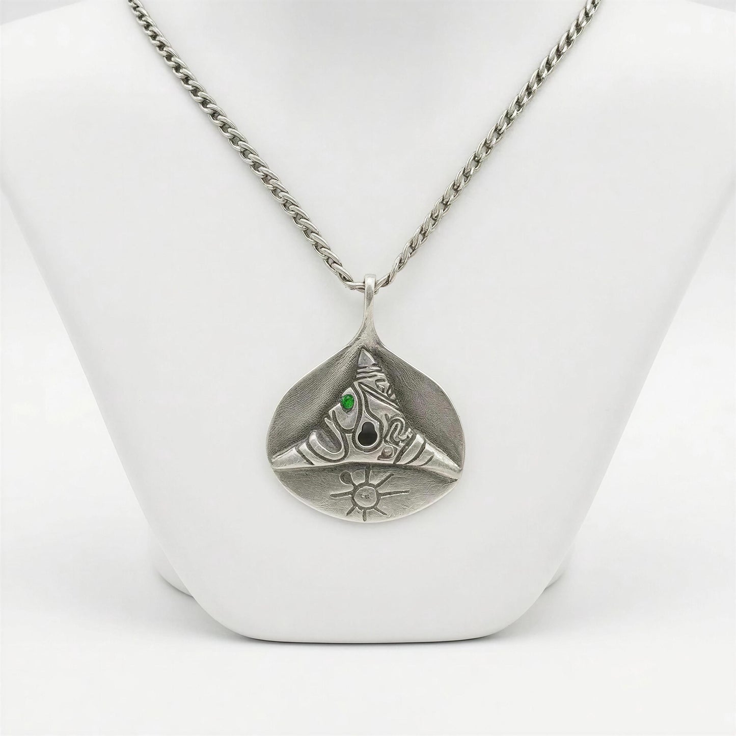 Pewter Taino Trigonolito Pendant, Caribbean Heritage Jewelry, Emerald CZ Accent