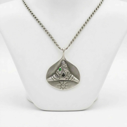 Pewter Taino Trigonolito Pendant, Caribbean Heritage Jewelry, Emerald CZ Accent