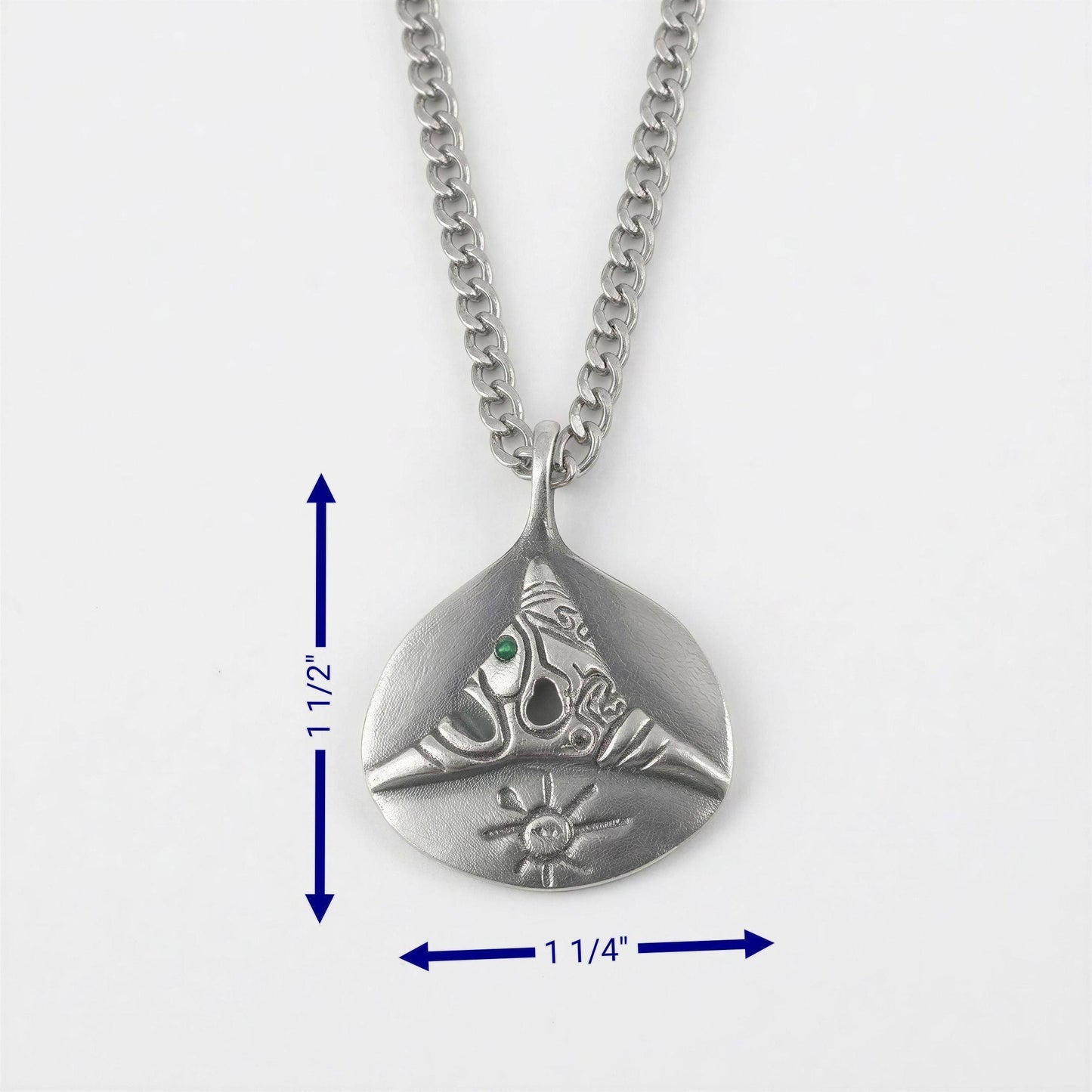 Pewter Taino Trigonolito Pendant, Caribbean Heritage Jewelry, Emerald CZ Accent