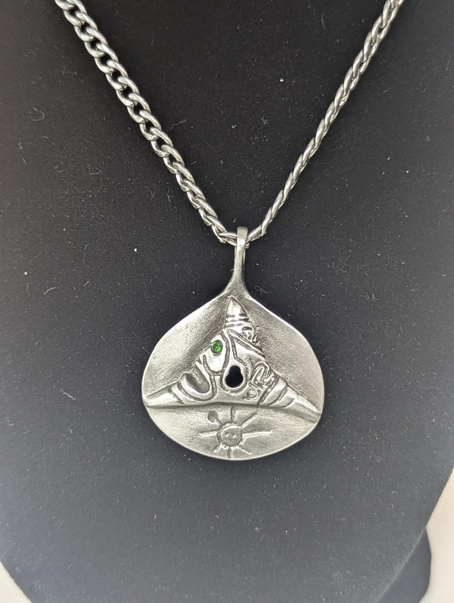 Pewter Taino Trigonolito Pendant, Caribbean Heritage Jewelry, Emerald CZ Accent
