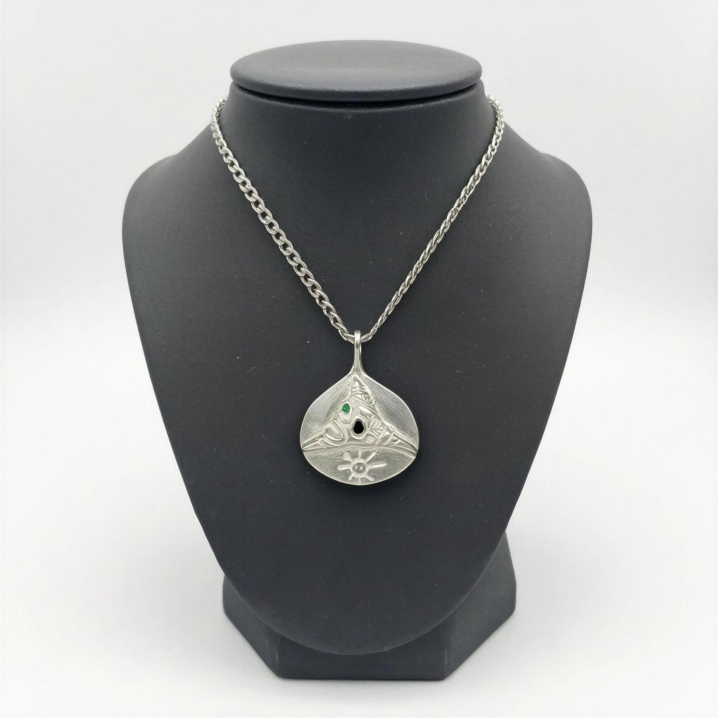 Pewter Taino Trigonolito Pendant, Caribbean Heritage Jewelry, Emerald CZ Accent