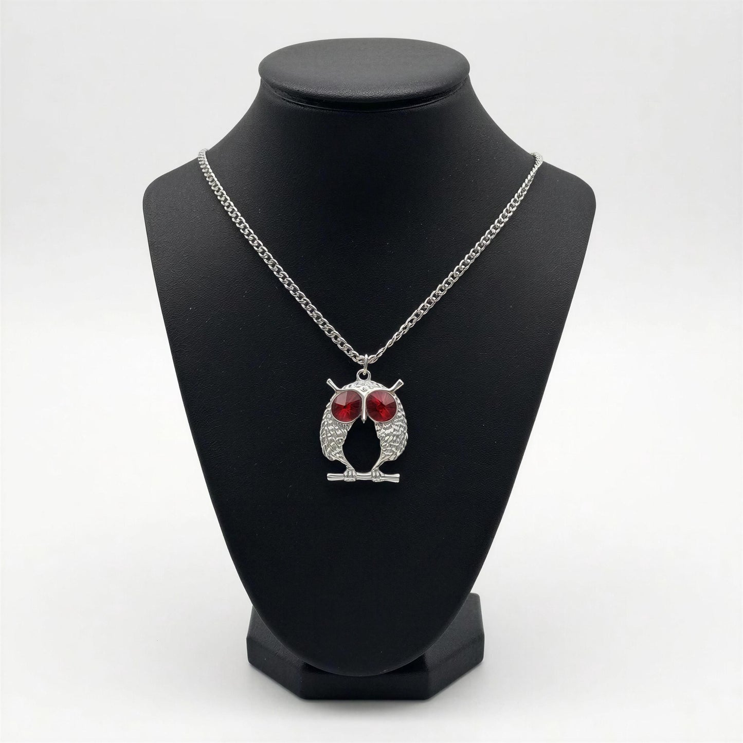 Handcrafted Lead-Free Pewter Red-Eyed Owl Pendant, 3.5mm Cuban Links Chain