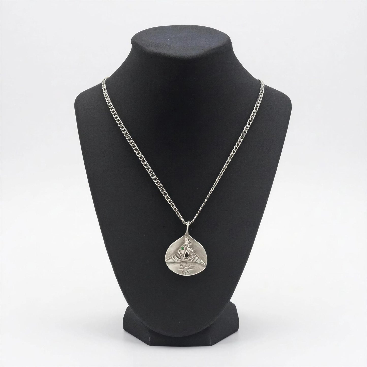 Pewter Taino Trigonolito Pendant, Caribbean Heritage Jewelry, Emerald CZ Accent
