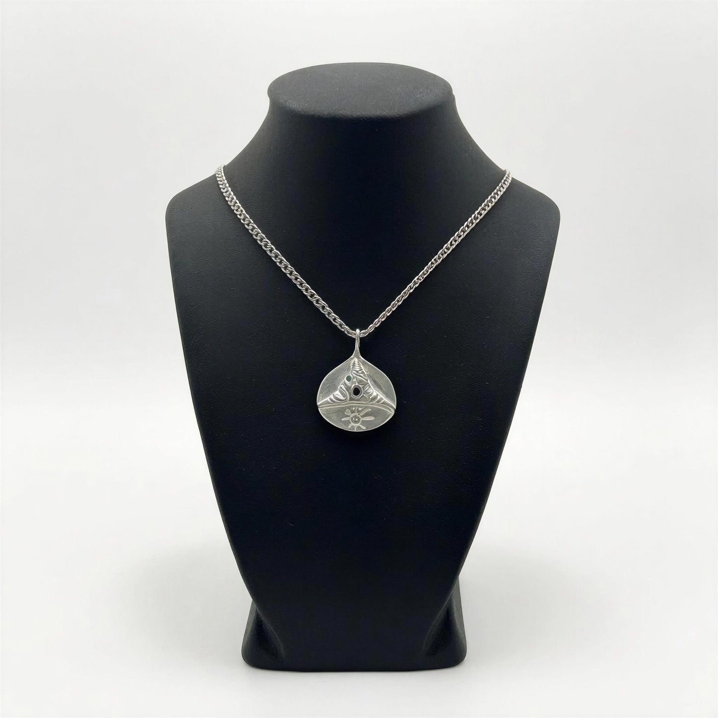 Pewter Taino Trigonolito Pendant, Caribbean Heritage Jewelry, Emerald CZ Accent