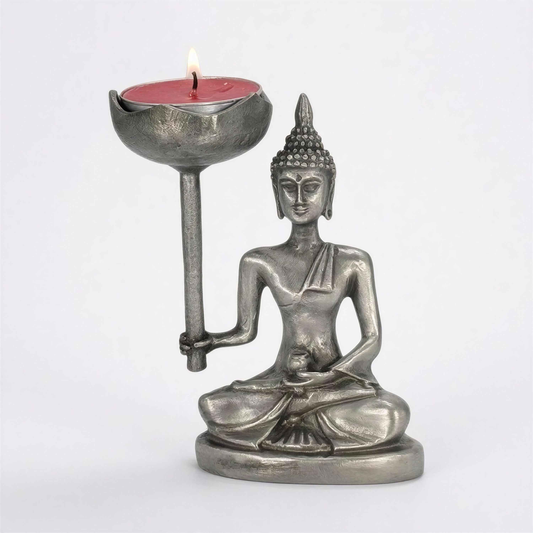 Handcrafted Pewter Medicine Buddha Candle Holder, Zen Decor