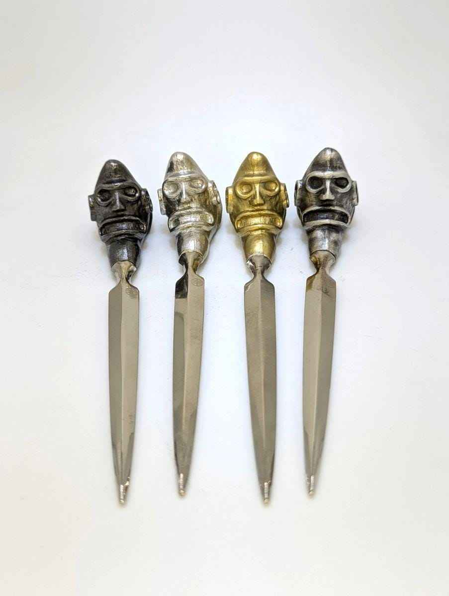 Handcrafted Pewter Taino Trigonolito Three-Pointed Stone Letter Opener, Caribbean Cultural Desk Collectible