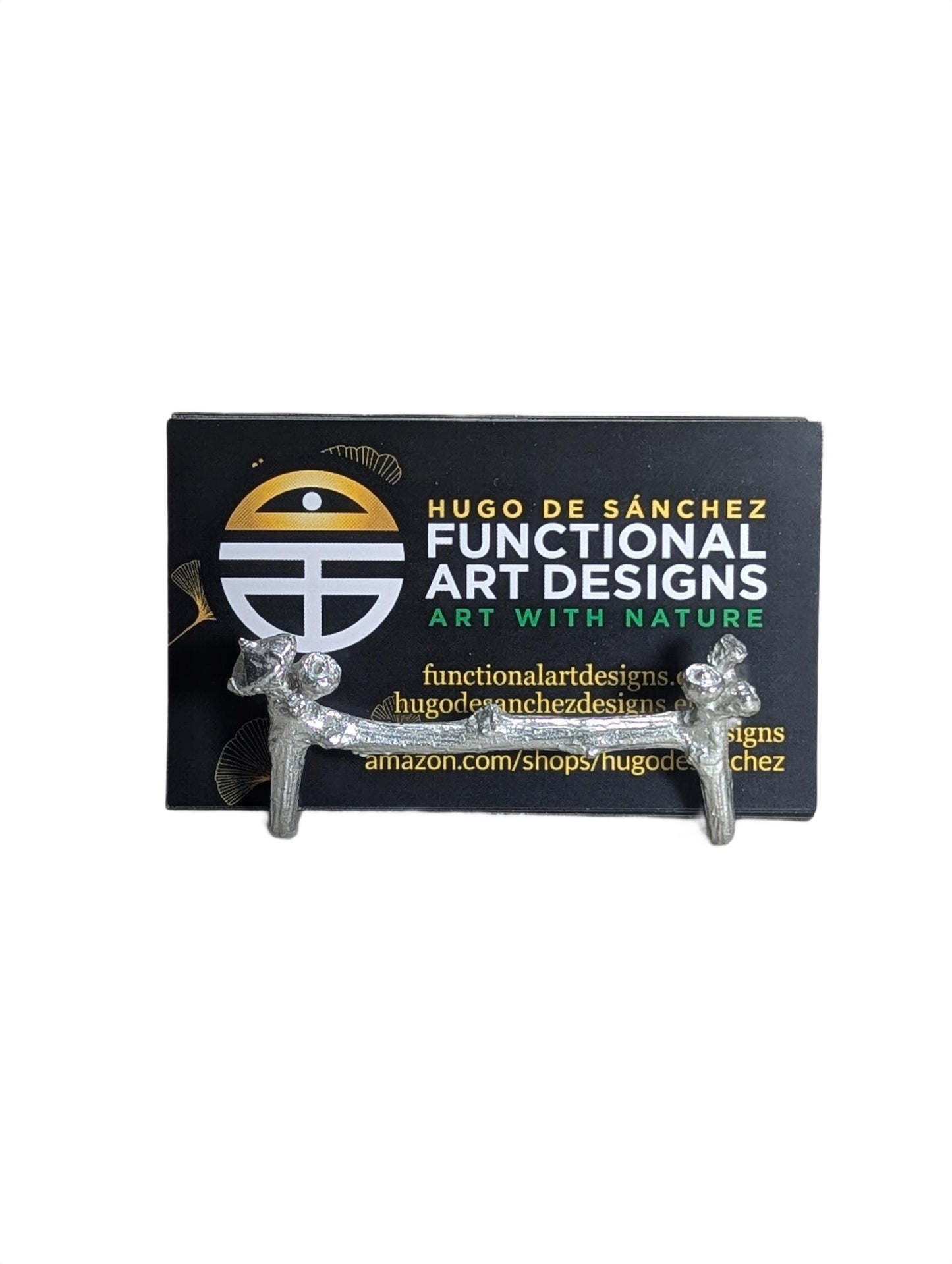 Handcrafted Pewter Oak Twig Business Card Holder, Nature-Inspired Minimalist Card Stand, Rustic Office Decor