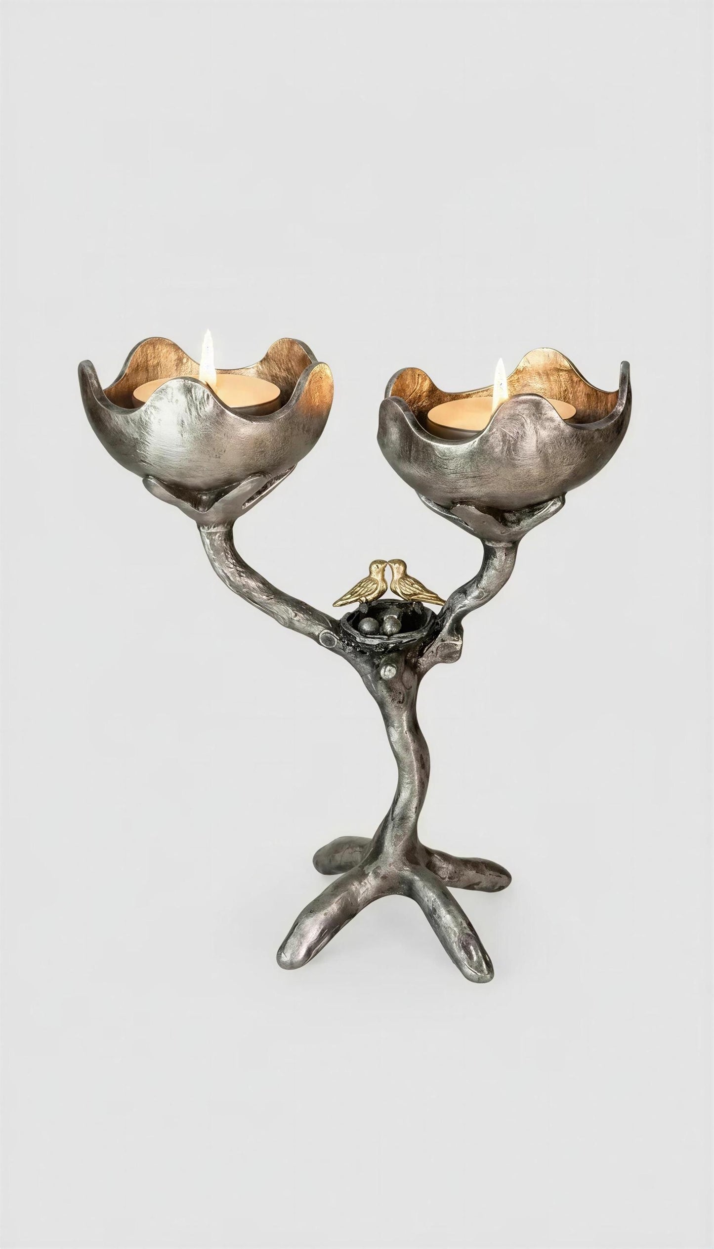 Handcrafted Pewter Tree of Light Candle Holder, Flowers Love Birds, Unique Decor