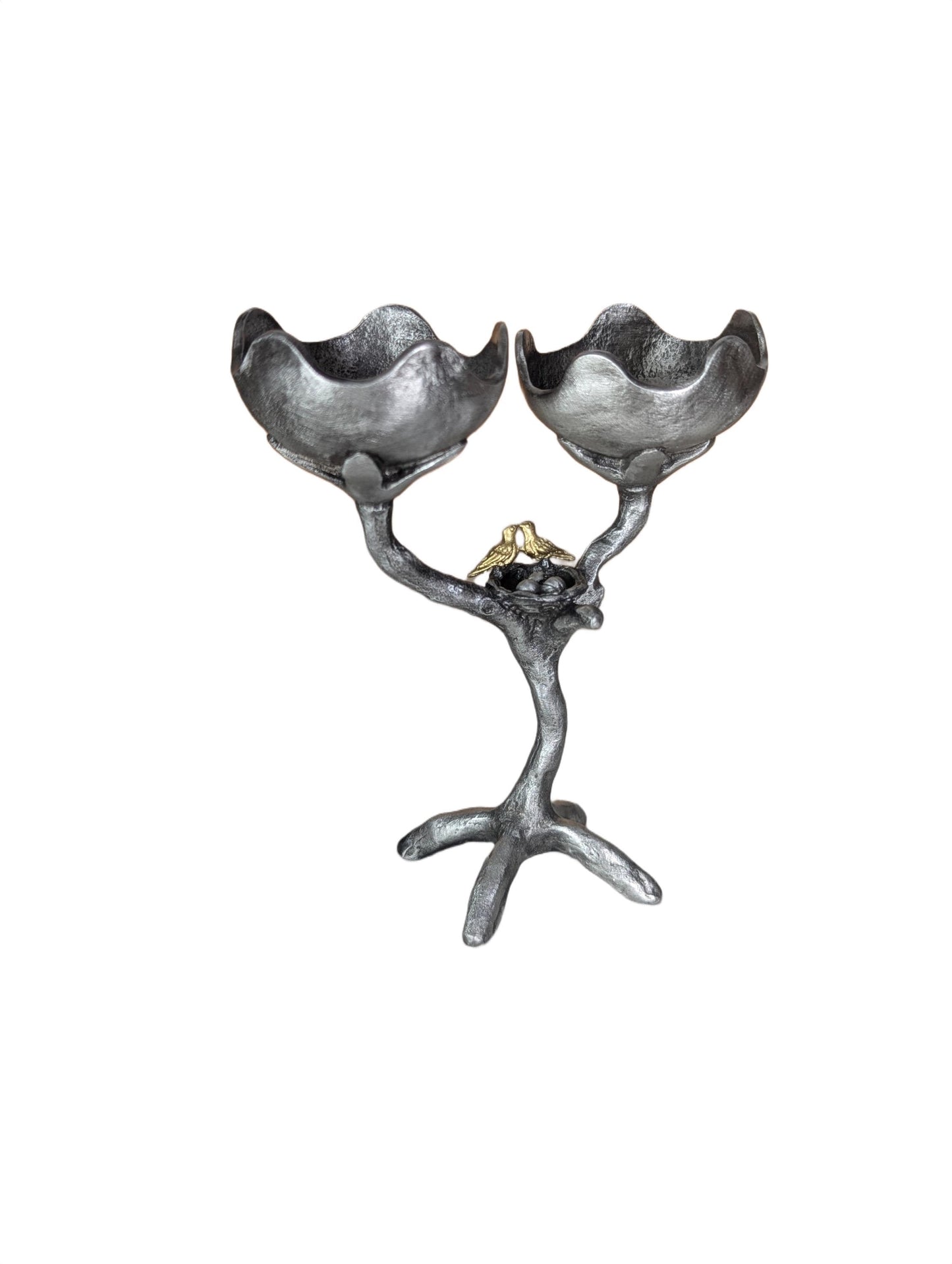 Handcrafted Pewter Tree of Light Candle Holder, Flowers Love Birds, Unique Decor
