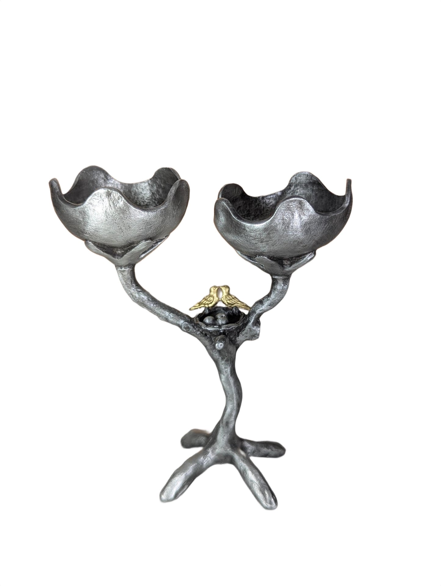 Handcrafted Pewter Tree of Light Candle Holder, Flowers Love Birds, Unique Decor