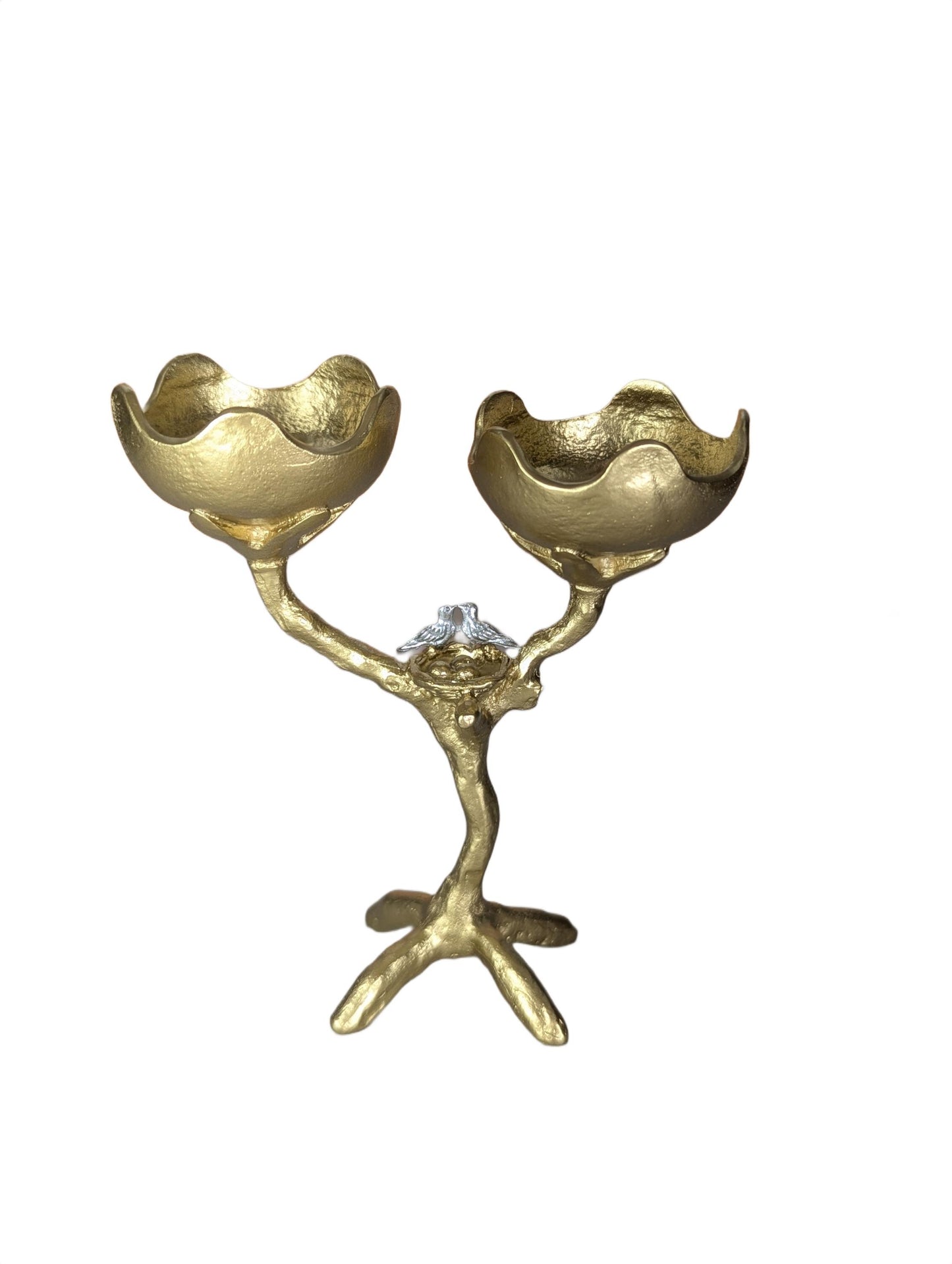 Handcrafted Pewter Tree of Light Candle Holder, Flowers Love Birds, Unique Decor