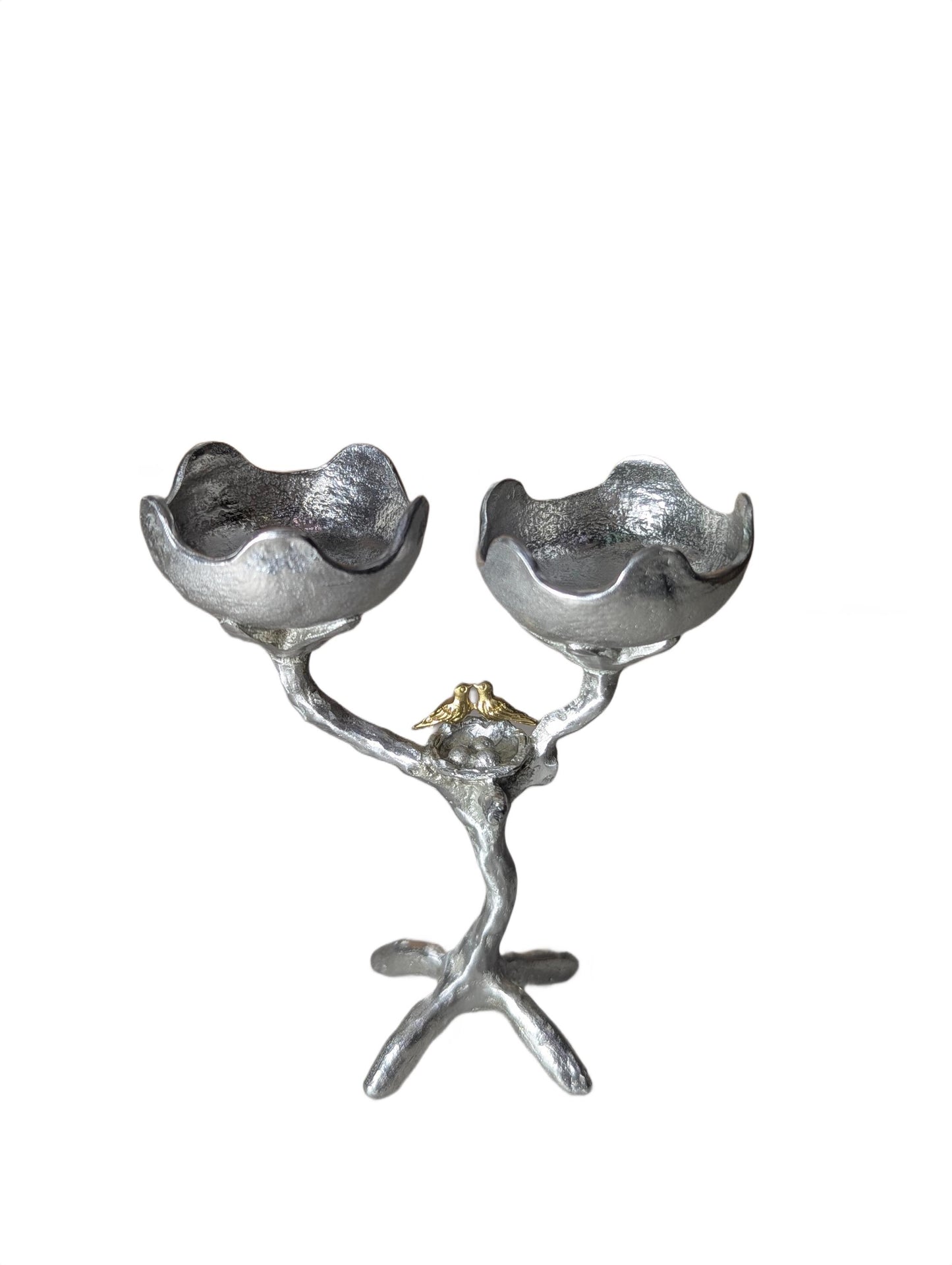 Handcrafted Pewter Tree of Light Candle Holder, Flowers Love Birds, Unique Decor