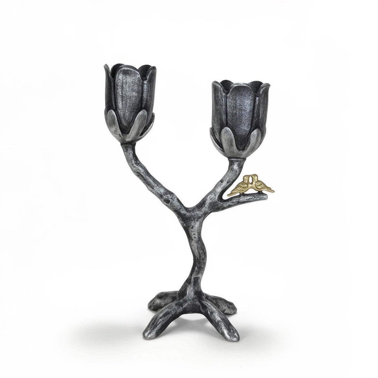 Handcrafted Pewter Tree of Light Candle Holder, Flowers Love Birds, Unique Decor