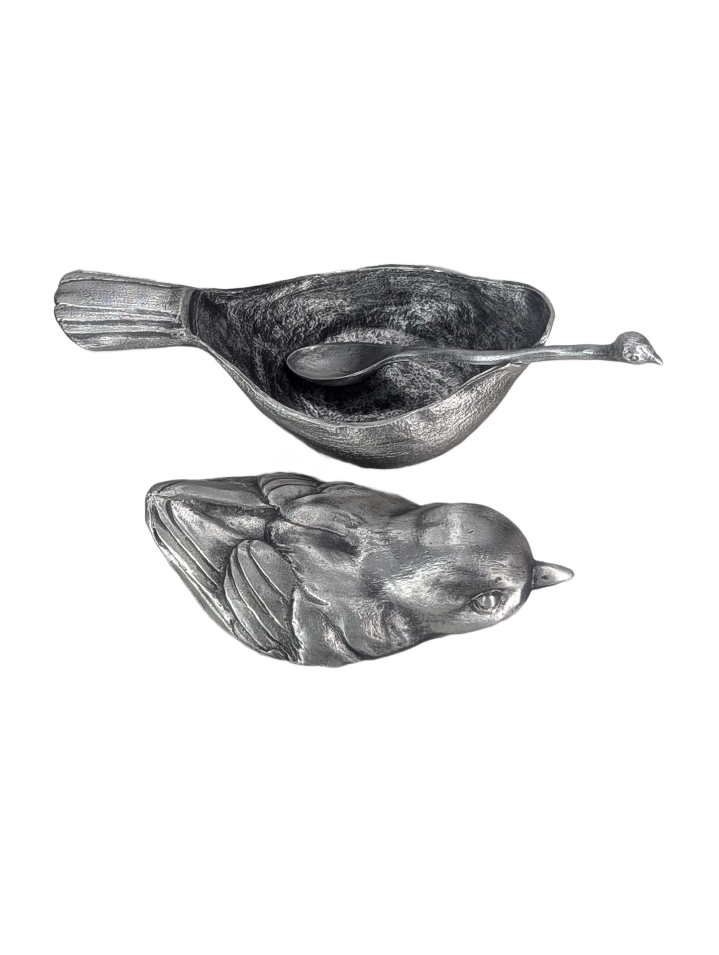 Pewter Sparrow Salt Cellar Set, Handcrafted Bird Salt and Spice Dish, Nature Kitchen Decor, Housewarming Gift