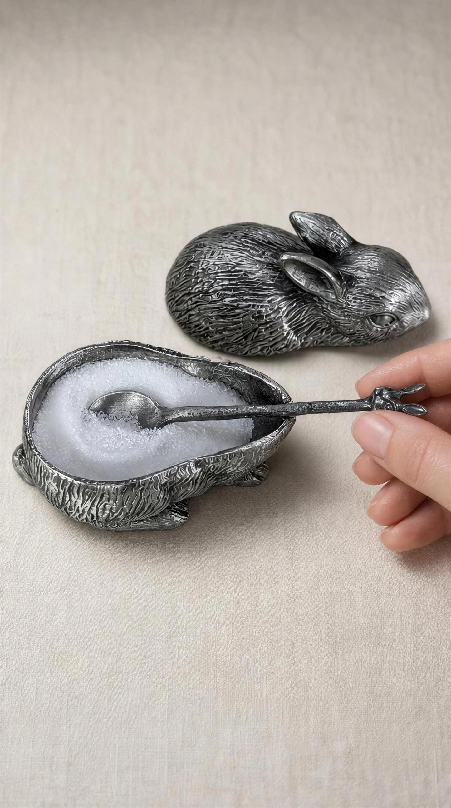 Handcrafted Bunny Salt Cellar with Spoon, Rabbit Salt Box, Lead-Free Metal Tableware Decor, Unique Culinary Gift