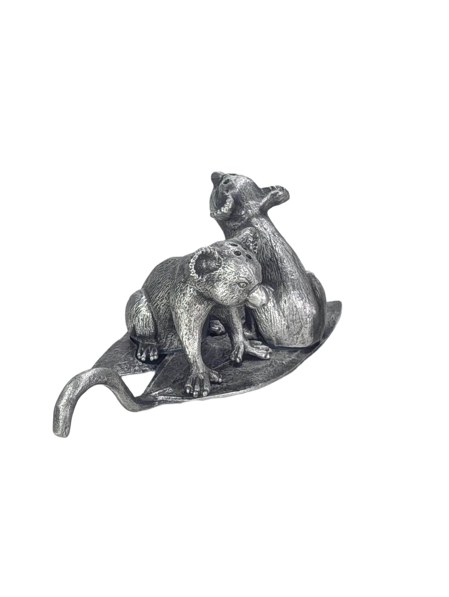 Pewter MINI Koalas Salt and Pepper Shakers with Eucalyptus Leaf Base, Handcrafted Animal Tableware