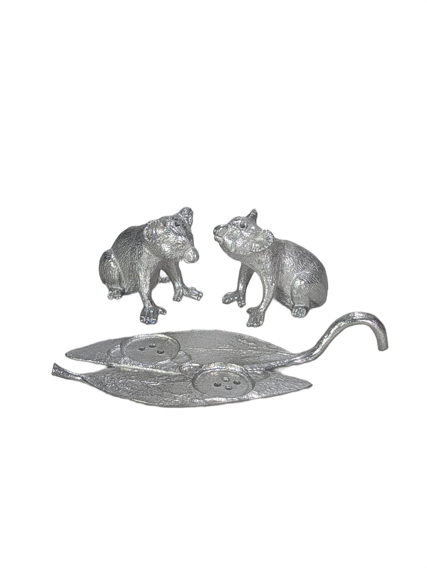 Pewter MINI Koalas Salt and Pepper Shakers with Eucalyptus Leaf Base, Handcrafted Animal Tableware