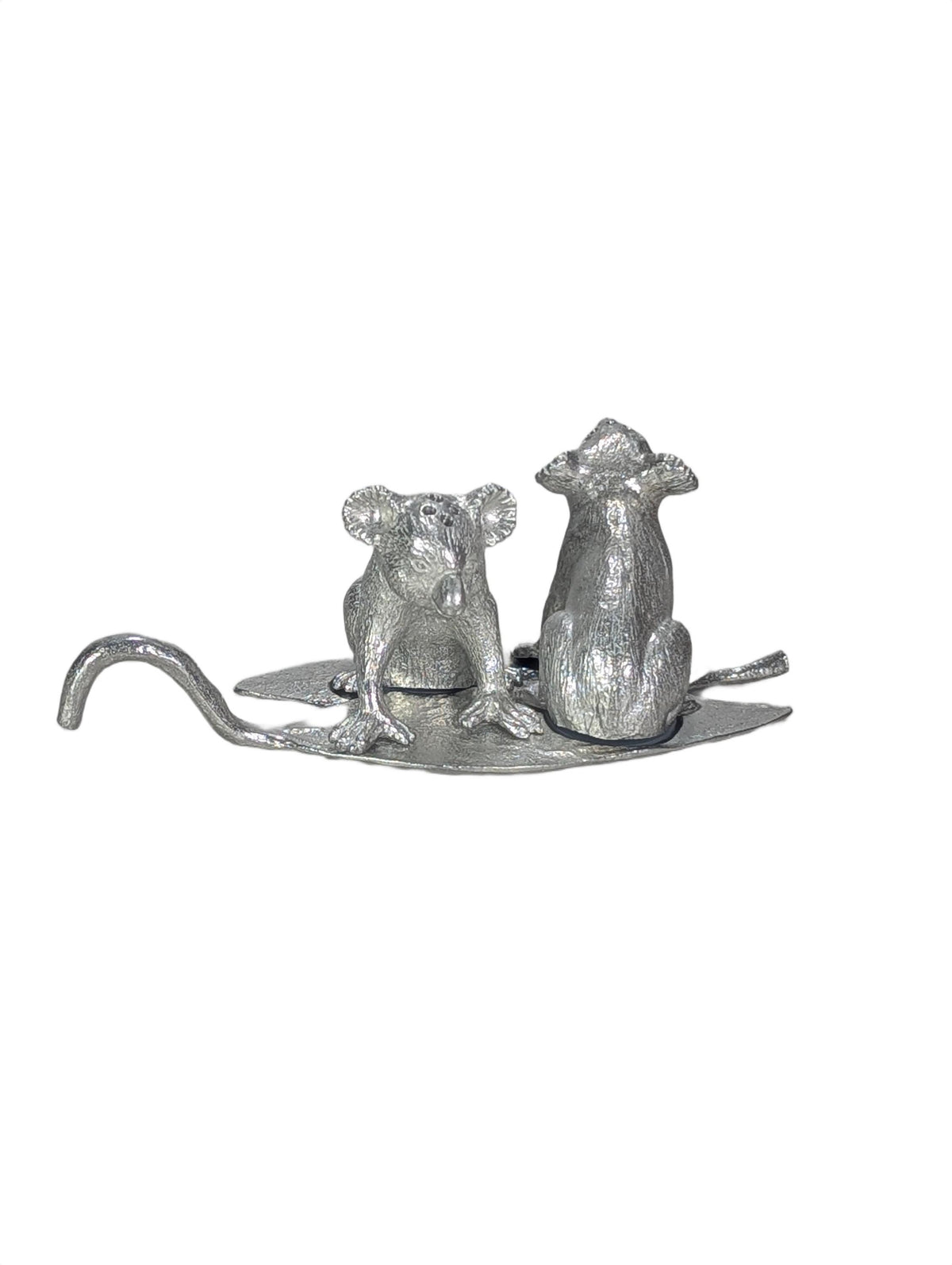 Pewter MINI Koalas Salt and Pepper Shakers with Eucalyptus Leaf Base, Handcrafted Animal Tableware