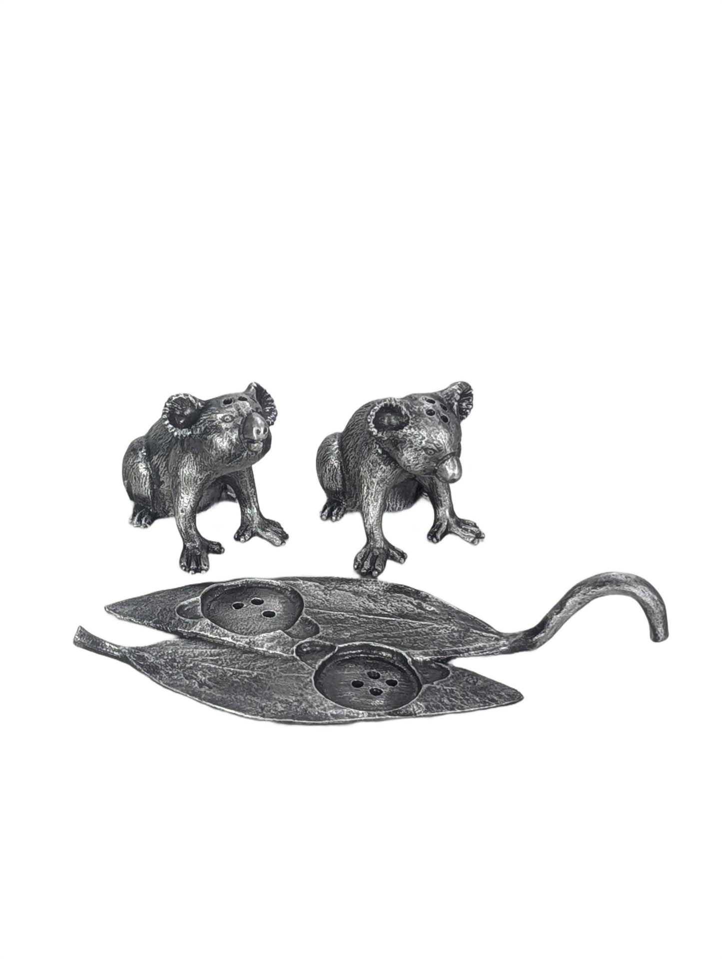 Pewter MINI Koalas Salt and Pepper Shakers with Eucalyptus Leaf Base, Handcrafted Animal Tableware