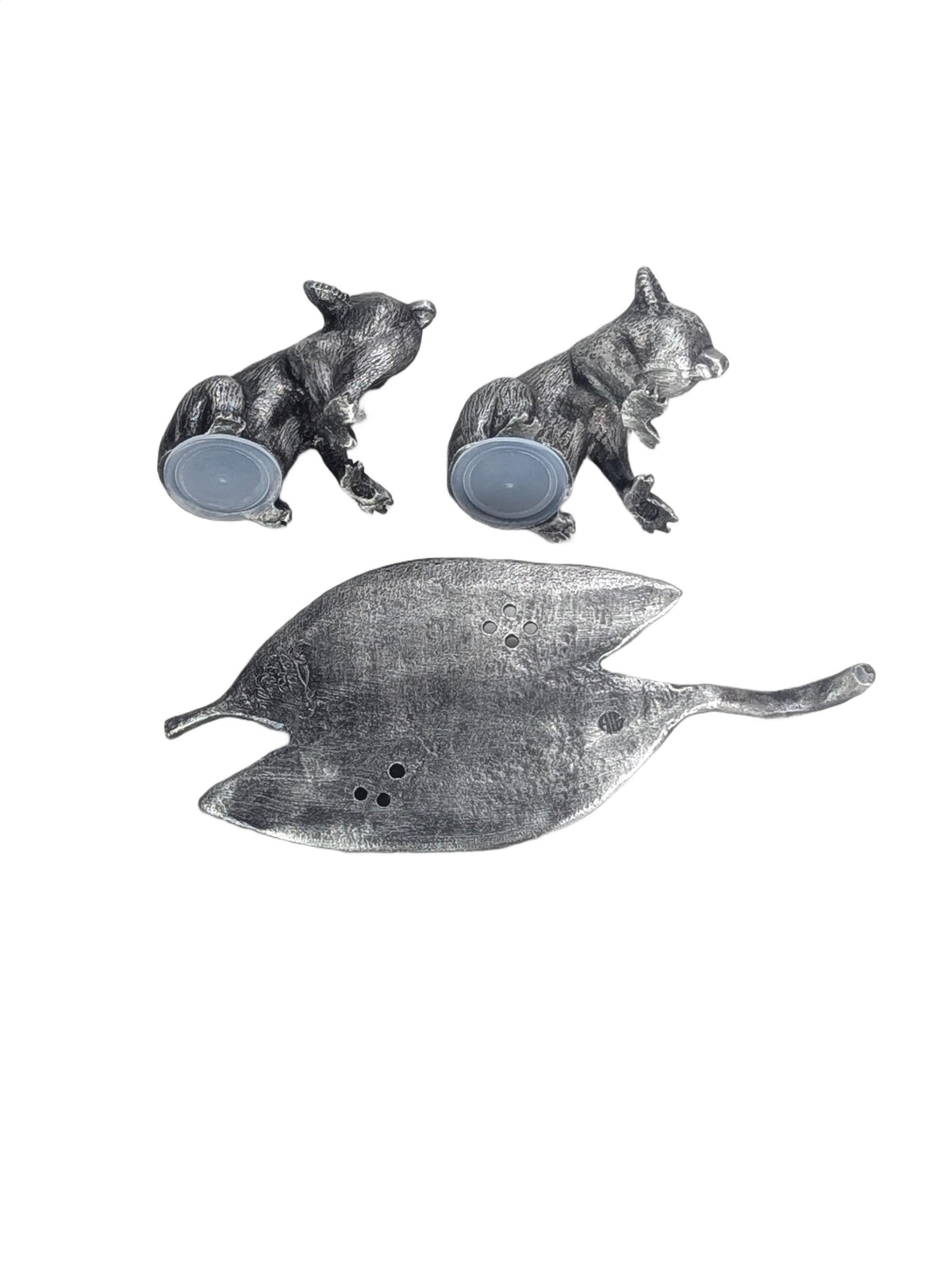 Pewter MINI Koalas Salt and Pepper Shakers with Eucalyptus Leaf Base, Handcrafted Animal Tableware