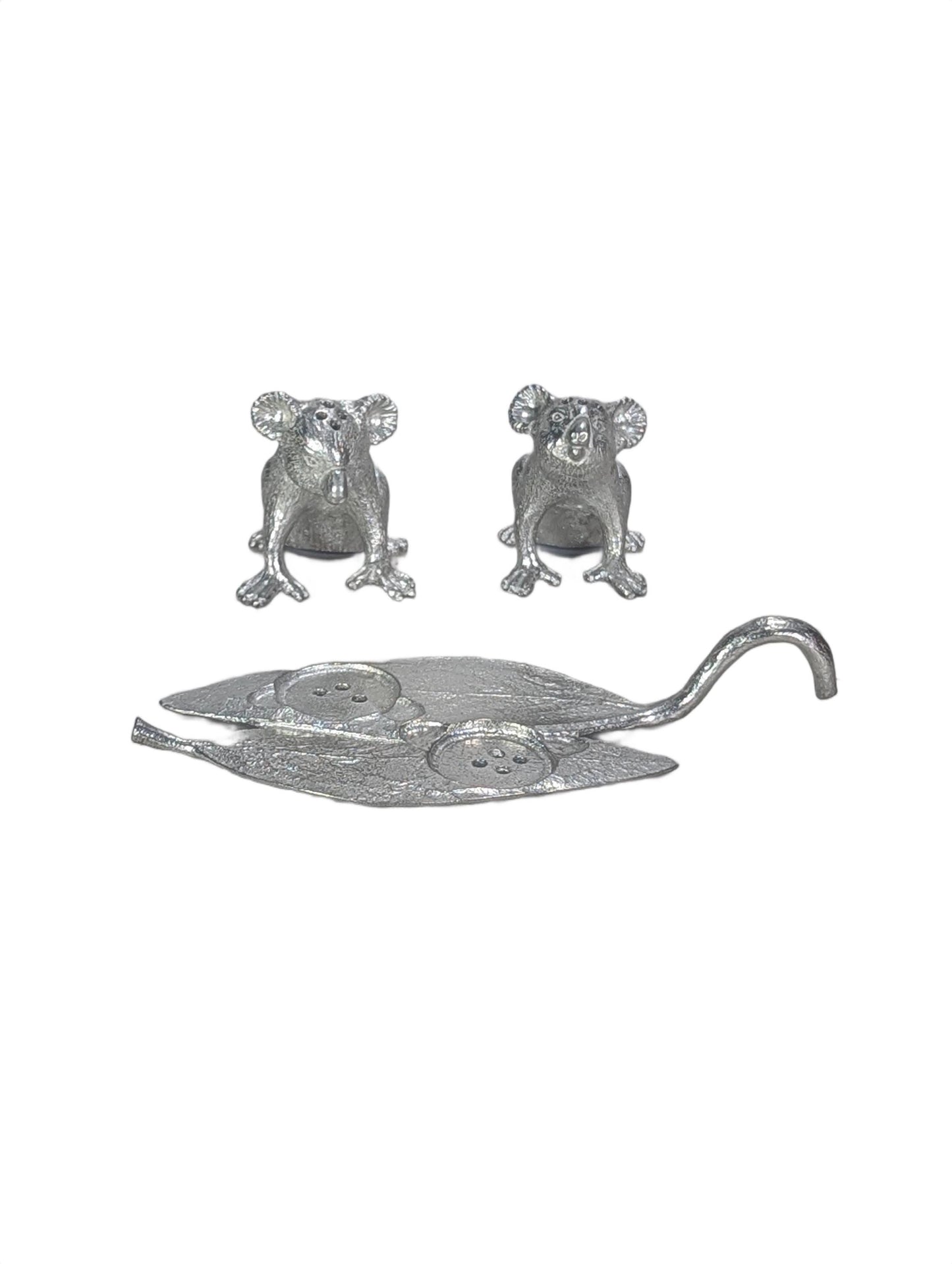 Pewter MINI Koalas Salt and Pepper Shakers with Eucalyptus Leaf Base, Handcrafted Animal Tableware
