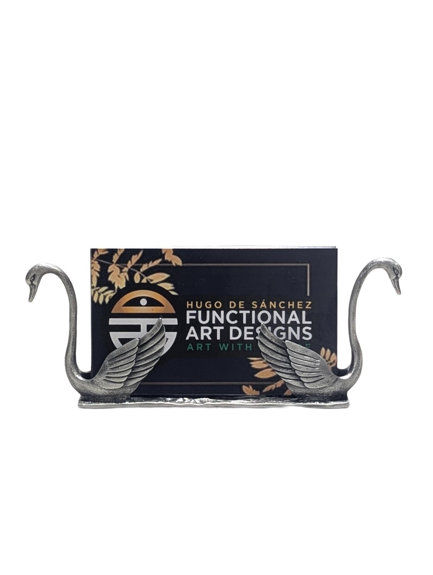 Handcrafted Pewter Swan Business Card Holder, Minimalist Dual Swan Desk Organizer
