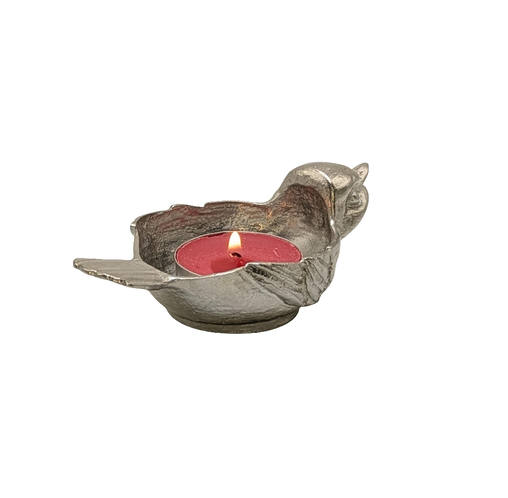 Charming Pewter Sparrow Tea Light Candle Holder Decor