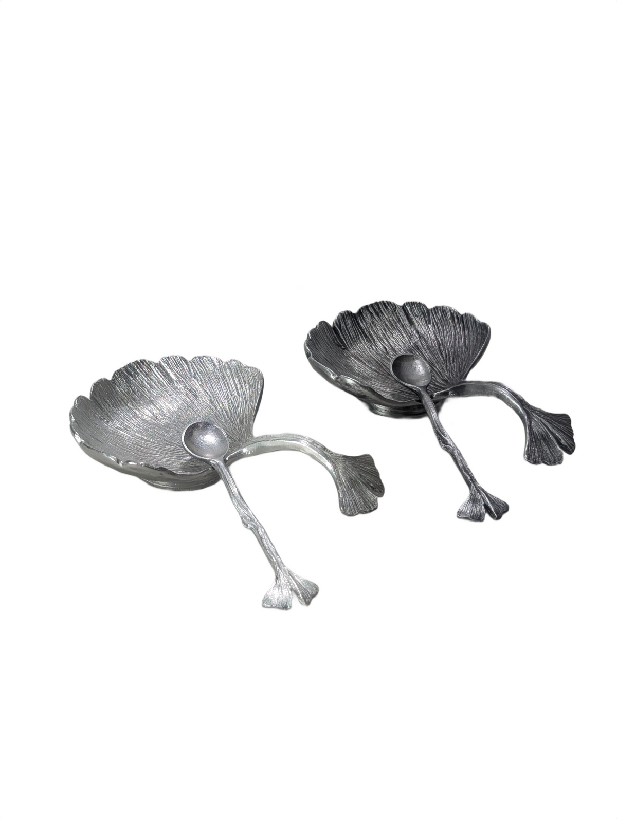 Artisanal Ginkgo Leaf Salt Cellar with Spoon, Handcrafted Pewter, Nature Inspired Table Decor