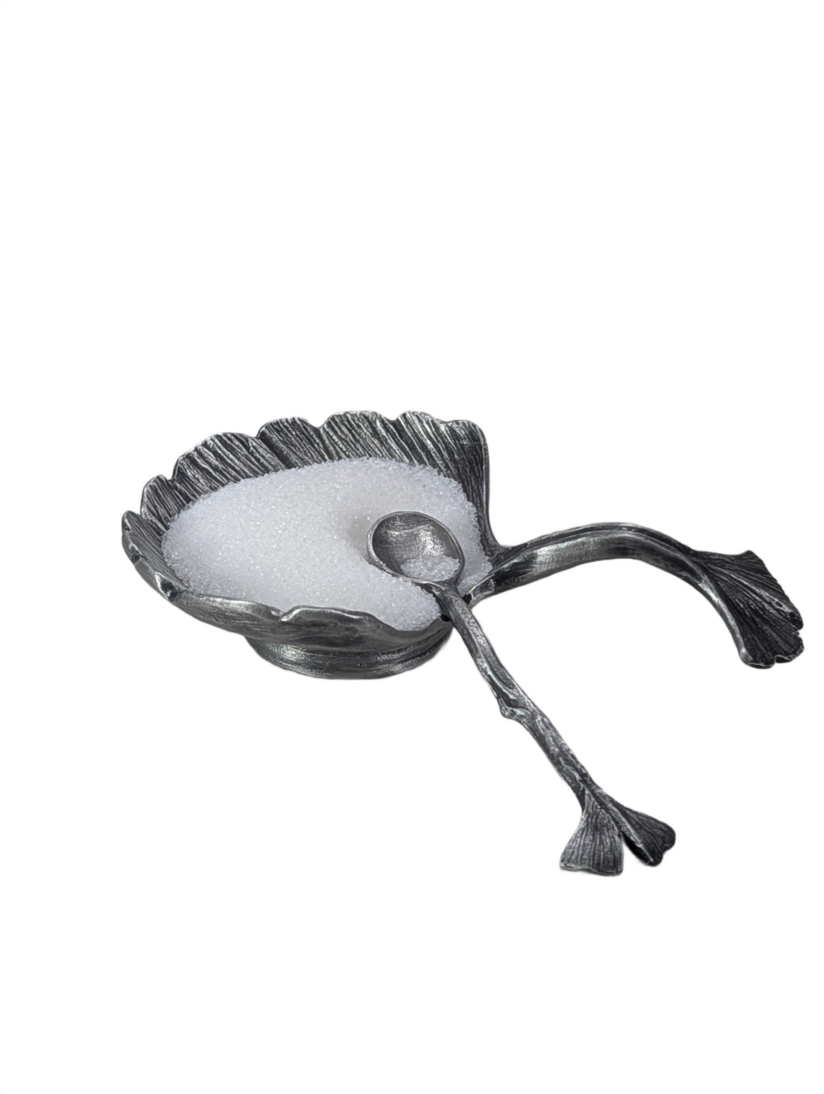 Artisanal Ginkgo Leaf Salt Cellar with Spoon, Handcrafted Pewter, Nature Inspired Table Decor