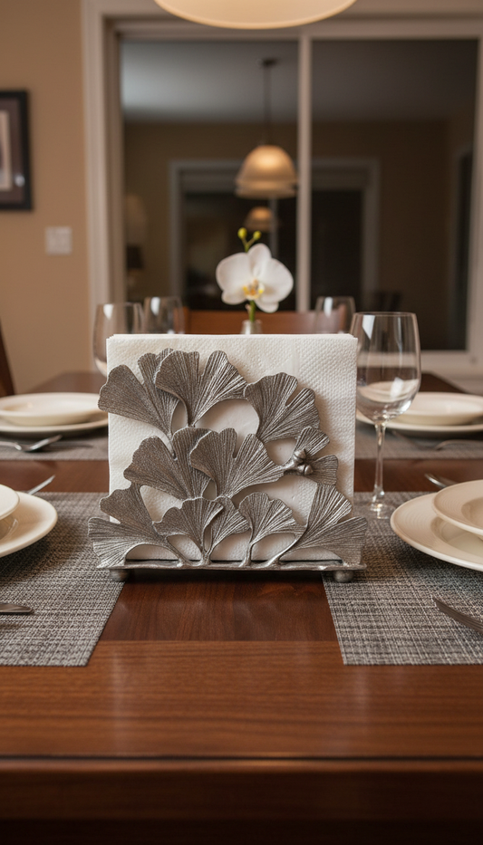 Ginkgo Pewter Napkin Holder Letter Organizer Home and Desk Decor Inspired by Nature