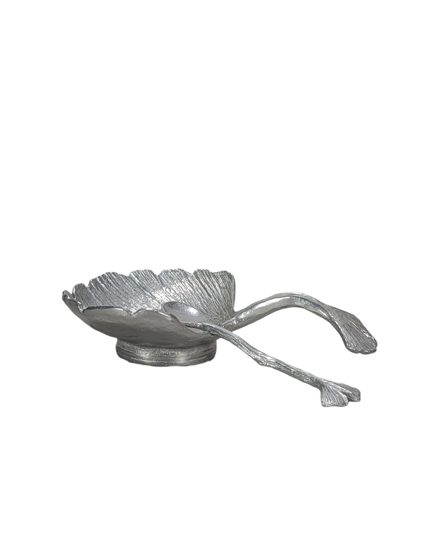 Artisanal Ginkgo Leaf Salt Cellar with Spoon, Handcrafted Pewter, Nature Inspired Table Decor