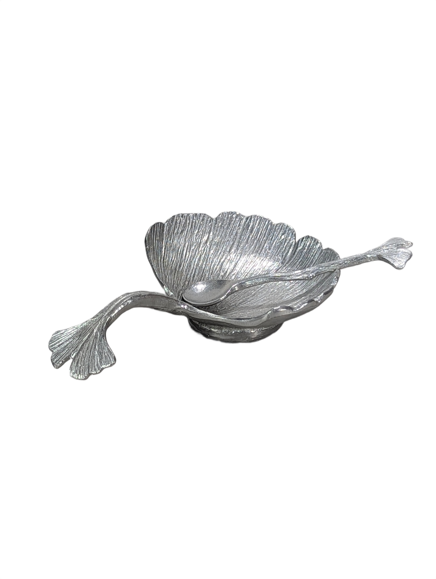 Artisanal Ginkgo Leaf Salt Cellar with Spoon, Handcrafted Pewter, Nature Inspired Table Decor