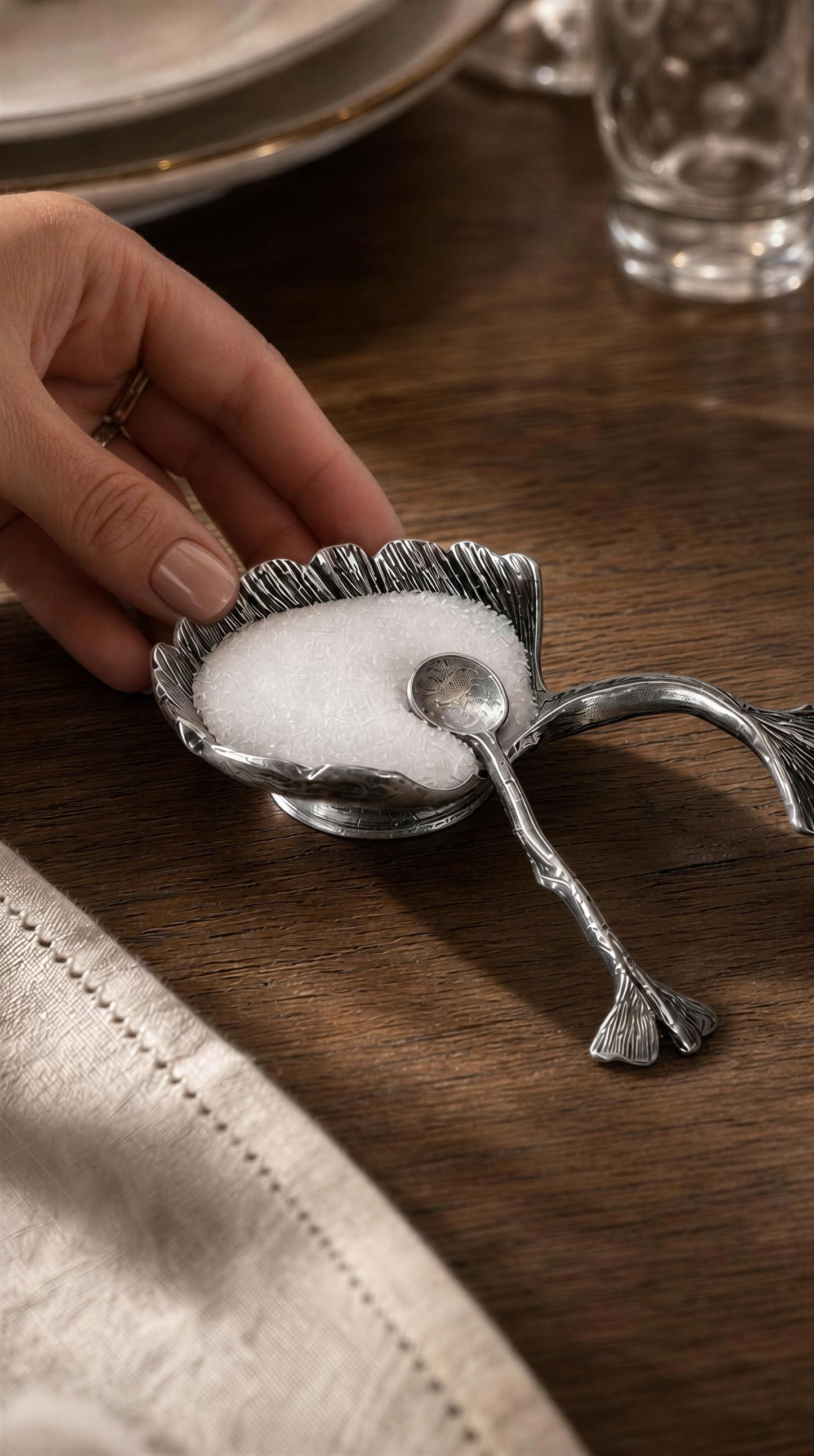 Artisanal Ginkgo Leaf Salt Cellar with Spoon, Handcrafted Pewter, Nature Inspired Table Decor