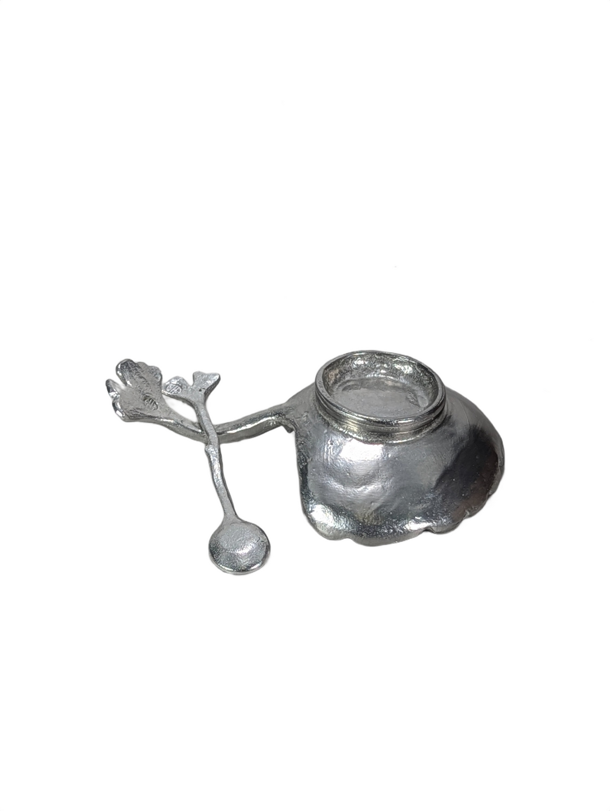 Artisanal Ginkgo Leaf Salt Cellar with Spoon, Handcrafted Pewter, Nature Inspired Table Decor