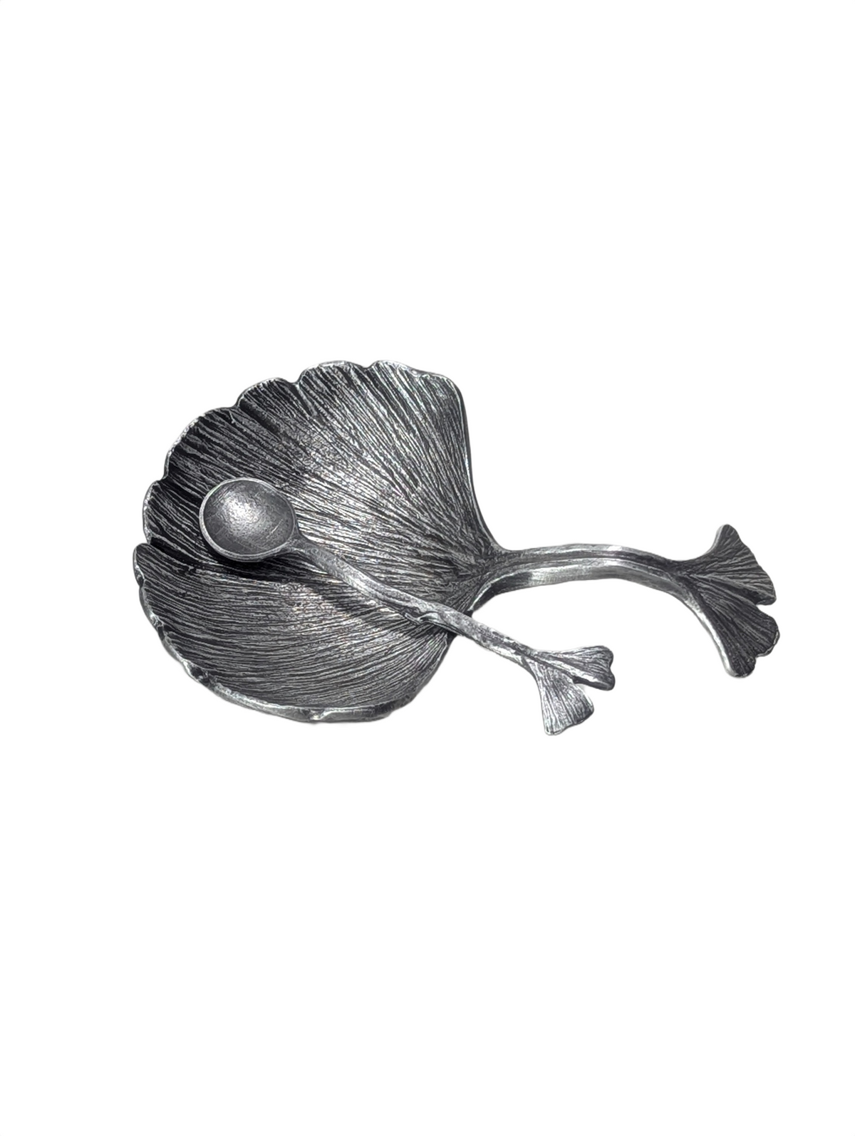 Artisanal Ginkgo Leaf Salt Cellar with Spoon, Handcrafted Pewter, Nature Inspired Table Decor