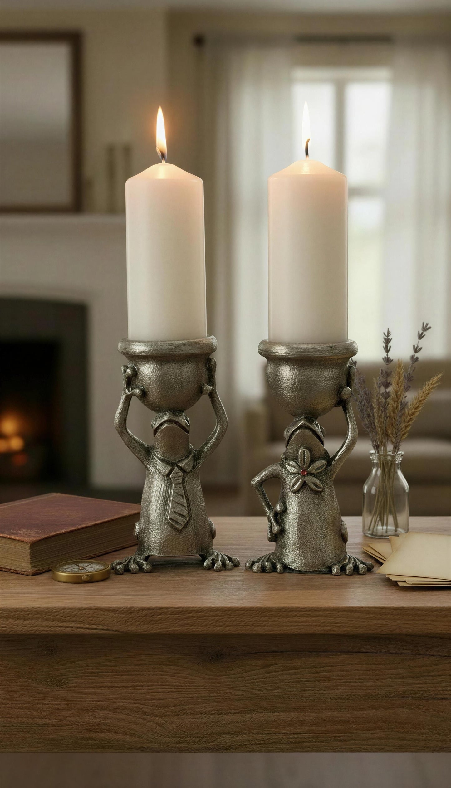 Adorable Mrs and Mr Frog Pewter Candle Holder Set Minimalist Decor