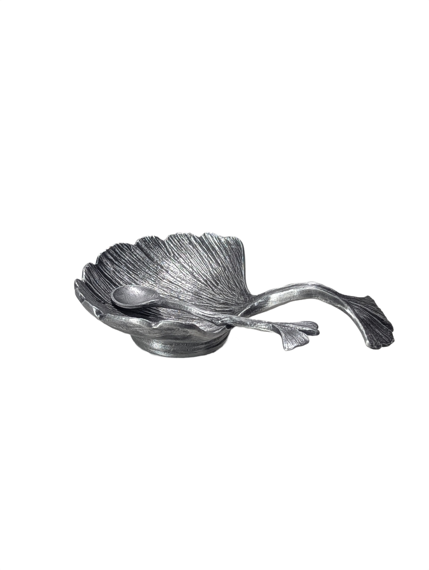 Artisanal Ginkgo Leaf Salt Cellar with Spoon, Handcrafted Pewter, Nature Inspired Table Decor