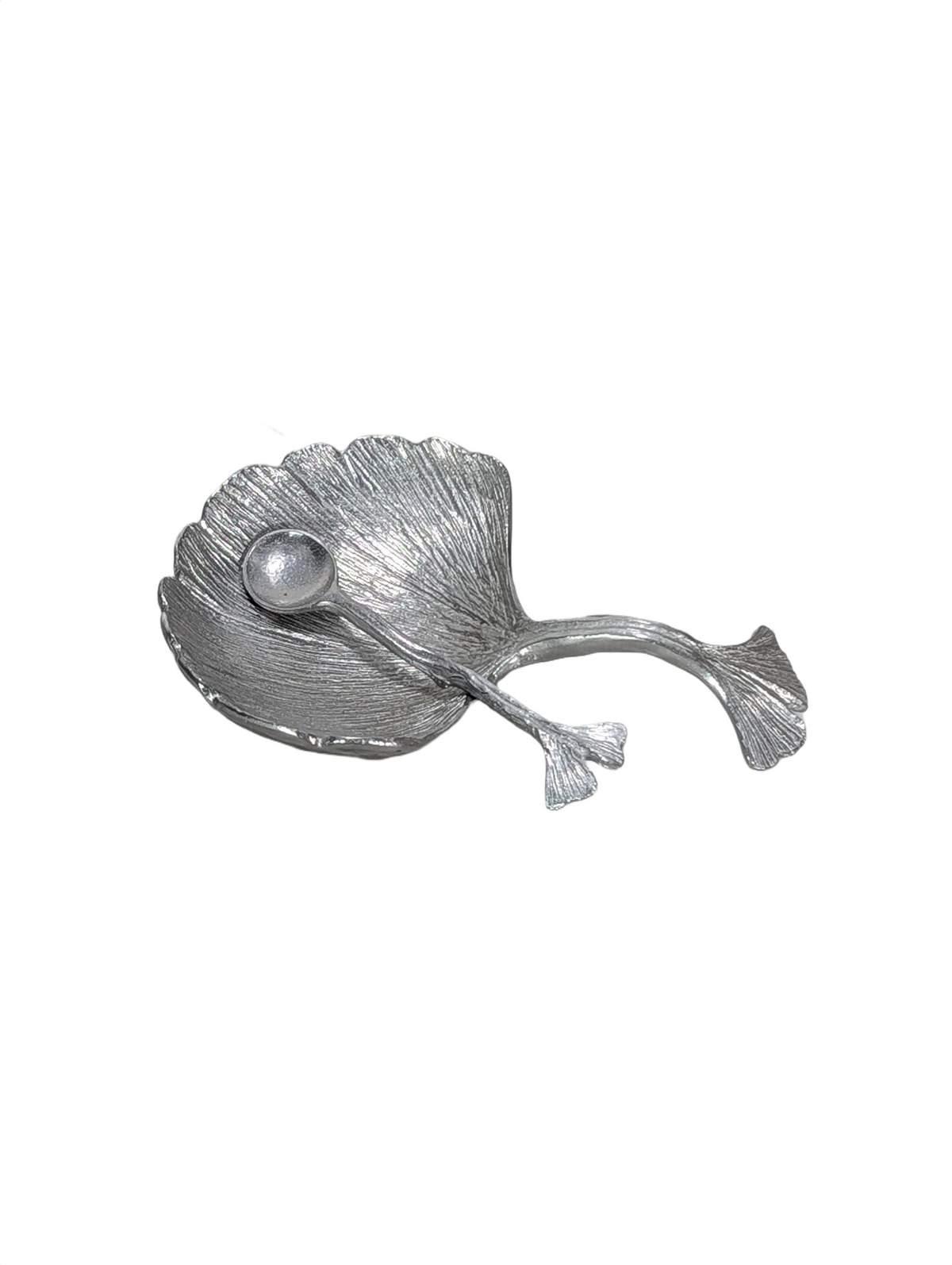 Artisanal Ginkgo Leaf Salt Cellar with Spoon, Handcrafted Pewter, Nature Inspired Table Decor